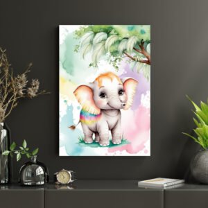 Rainbow baby elephant watercolor wall art for kids room nursery decor in A4 to A1 sizes