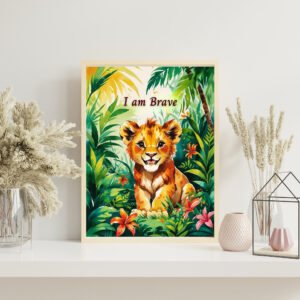 “I am Brave – Jungle Lion Cub Kids Room Canvas Print Wall Art for Nursery or Playroom”
