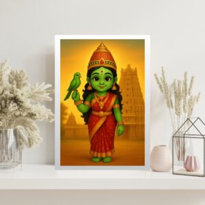 Goddess Meenakshi wall art for kids room – Madurai temple-themed canvas print with divine child-friendly styling”