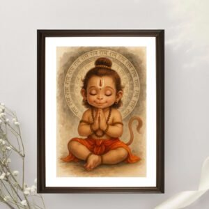 Adorable Baby Hanuman Praying to Lord Ram Canvas Painting Art Print | Divine Devotion Wall Decor | Canvas Roll, Stretched & Framed Options
