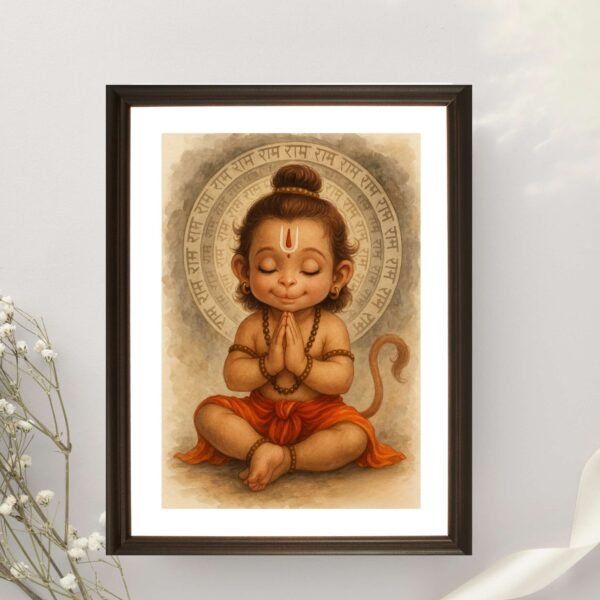 Adorable Baby Hanuman Praying to Lord Ram Canvas Painting Art Print | Divine Devotion Wall Decor | Canvas Roll, Stretched & Framed Options