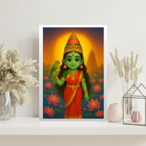 Goddess Meenakshi wall art for kids room – Madurai temple-themed canvas print with divine child-friendly styling”