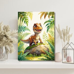 Adorable dinosaur wall art – jungle canvas print for kids room decor with cheerful baby dino on rock