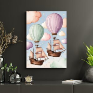 Dreamy Hot Air Balloon Wall Art – Floating Ship Canvas Print for Kids Room & Nursery Decor
