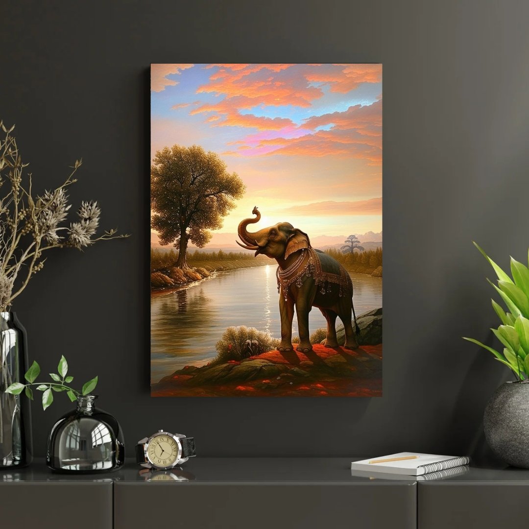 Elephant standing near river at sunrise – Vastu artwork symbolizing wisdom and wealth for Indian home decor.