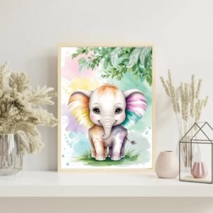 Whimsical Elephant Wall Art for Kids Room – Nursery Animal Decor | Framed Premium Print, Canvas Roll, or Stretched Canvas