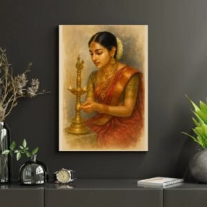 Traditional Indian woman lighting a brass lamp – semi-realistic cultural artwork under exotic Indian art form for wall decor