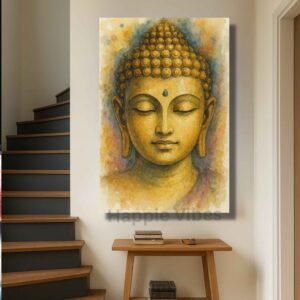 Happie Vibes golden buddha canvas painting wall decor in watercolor tones
