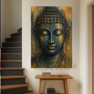 Happie Vibes buddha canvas painting wall decor in golden-blue textured tones