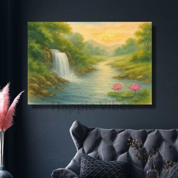 Whispers of Prosperity – Waterfall Lotus Vastu Artwork | Happie Vibes wall decor