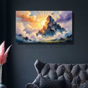Happie Vibes vastu sun painting with mountains and rising sun artwork