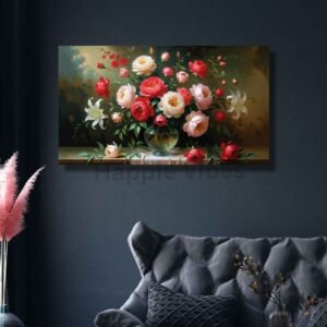 Floral painting of a vibrant flower bouquet in vase – flower painting wall art -happie vibes