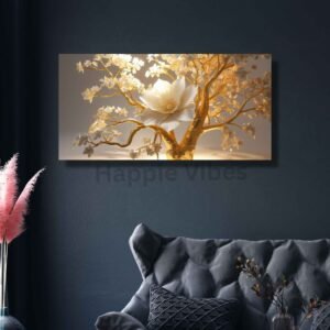Golden blossom tree floral painting luxury wall art by Happie Vibes