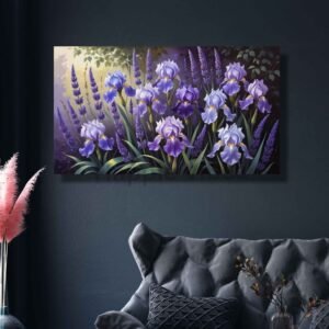 Happie Vibes floral painting – purple iris flower artwork for wall decor