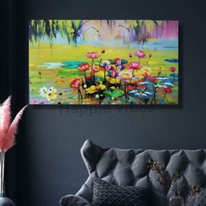 Lotus floral painting – vibrant flower artwork with modern artistic detailing-happie vibes