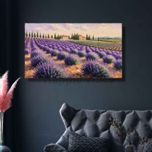 Happie Vibes floral painting – lavender field flower artwork for wall decor