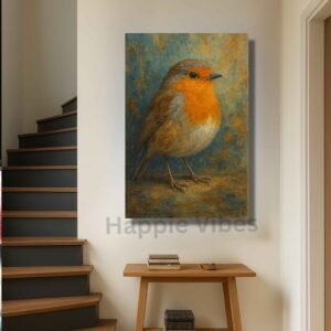 Happie Vibes robin canvas painting wall decor with orange chest glow
