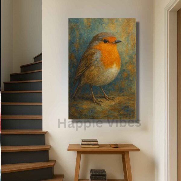 Happie Vibes robin canvas painting wall decor with orange chest glow
