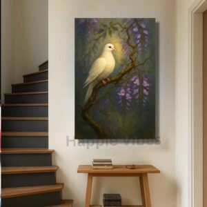 Happie Vibes white dove canvas painting wall decor with wisteria blossoms