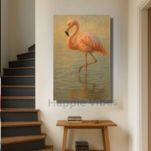 Happie Vibes flamingo canvas painting wall decor with sunset waters