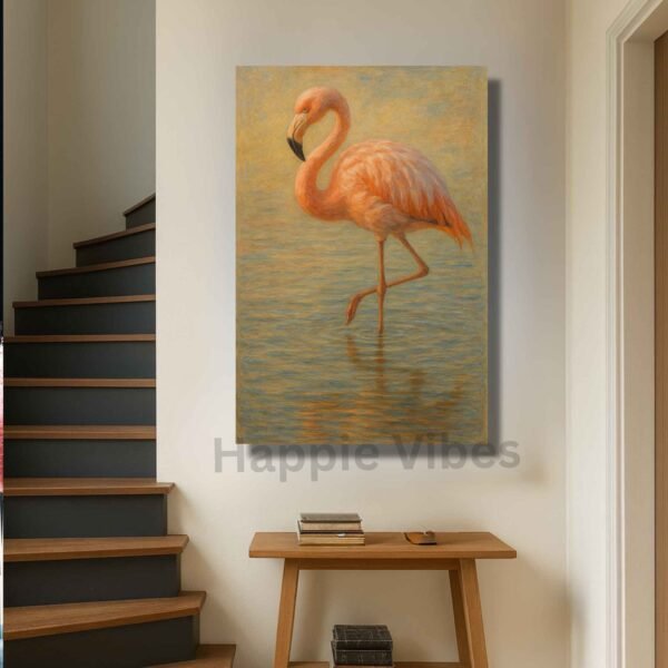 Happie Vibes flamingo canvas painting wall decor with sunset waters