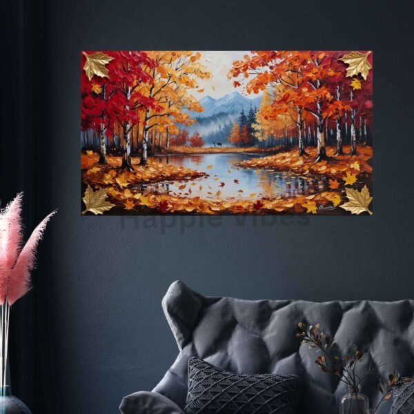 Happie Vibes autumn forest canvas painting wall decor with golden leaves and lake