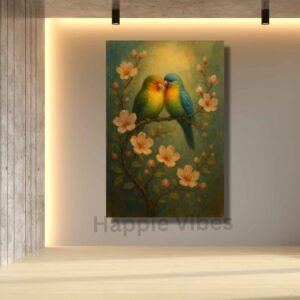 Happie Vibes lovebirds canvas painting wall decor with blossoms