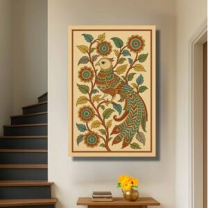 Happie Vibes folk art bird canvas painting wall decor with blossoms in traditional Indian style