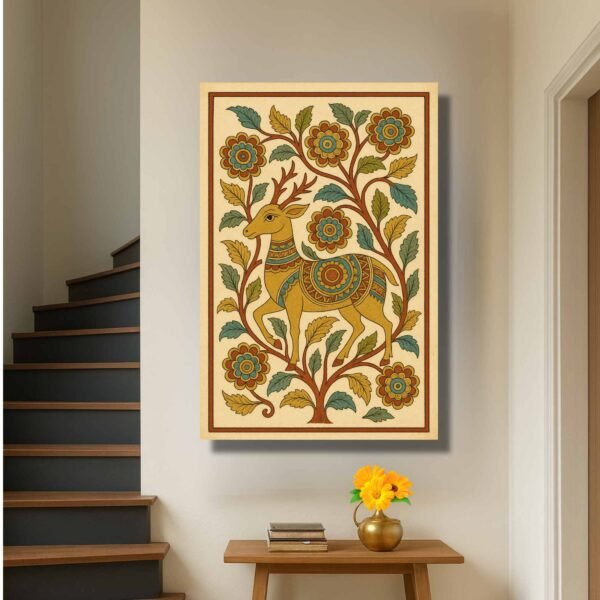 Happie Vibes folk art deer canvas painting wall decor with floral motifs in traditional Indian style