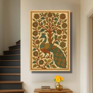 Happie Vibes folk art peacock canvas painting wall decor with floral motifs in traditional Indian style