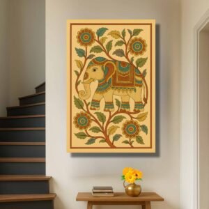 Happie Vibes folk art elephant canvas painting wall decor with traditional floral motifs
