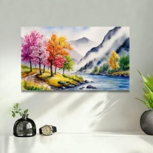 Misty River – Watercolor Nature Painting for Wall Decor misty river and colorful tree wall art by Happie Vibes