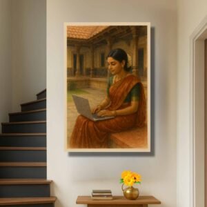 Happie Vibes indian woman canvas painting wall decor in saree with laptop in traditional courtyard