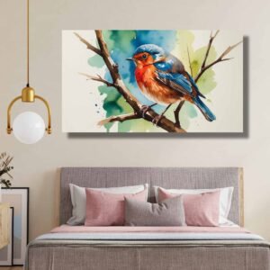 Happie Vibes bird canvas painting wall decor in watercolor with blue and orange tones