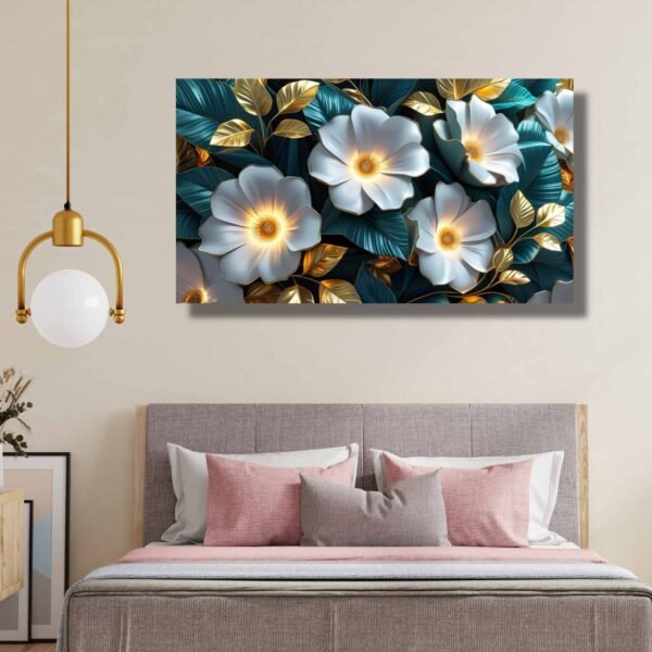 Happie Vibes luxury floral canvas painting wall decor with golden leaves and white blossoms