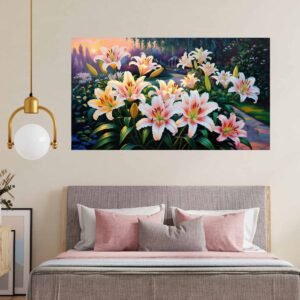 Happie Vibes lily flower canvas painting wall decor with sunlit blooming lilies