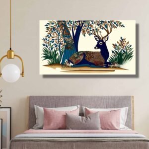 Happie Vibes deer canvas painting wall decor with decorative patterns under tree