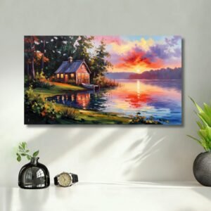 Lakeside Glow Retreat – A Sunset Watercolor Nature Painting vastu painting