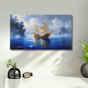 Golden Ship – Watercolor Nature Painting for Wall Decor | Happie Vibes