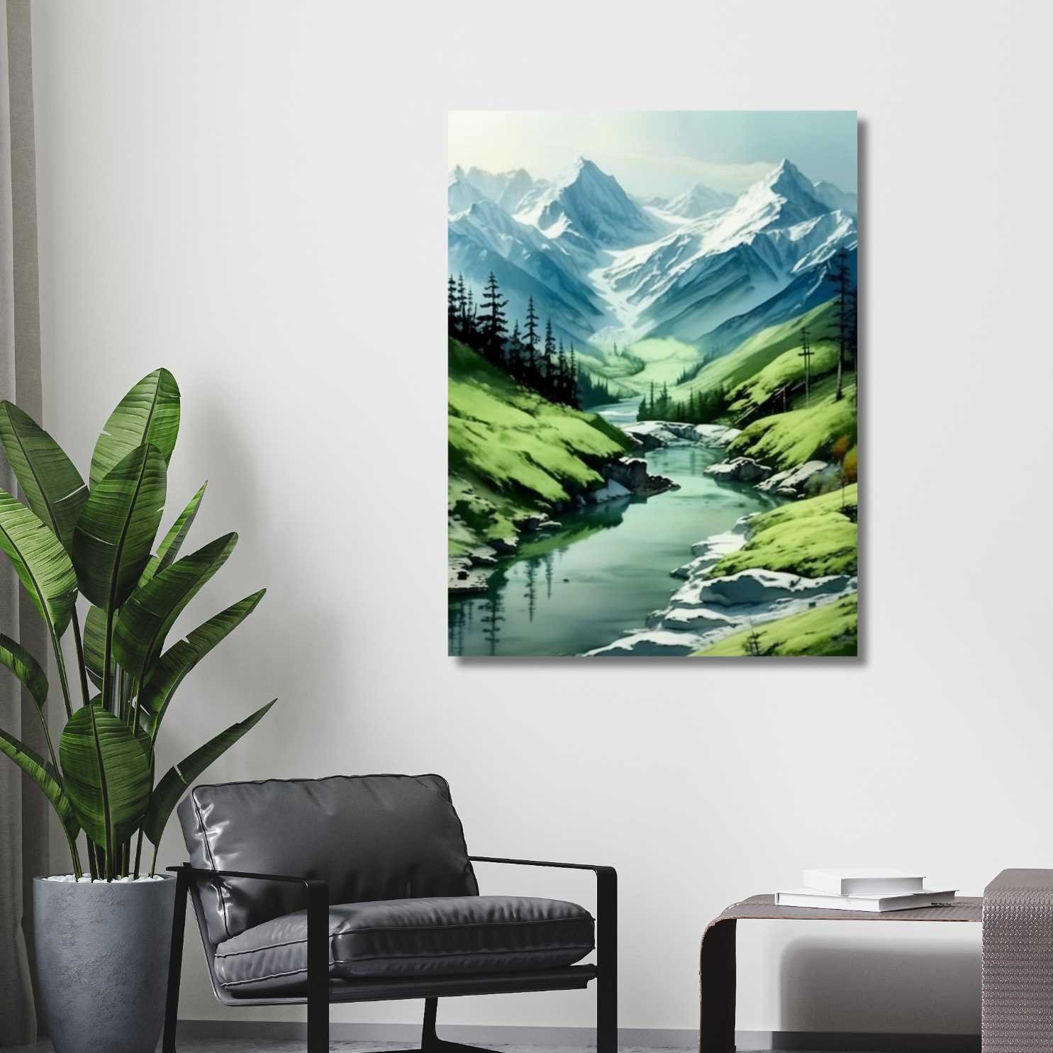 majestic snow mountain river painting with green hills by Happie Vibes