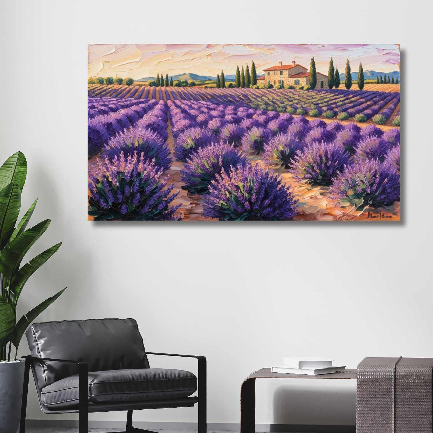 lavender field countryside painting with farmhouse by Happie Vibes