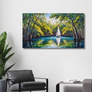 mangrove forest sailboat painting with golden light by Happie Vibes
