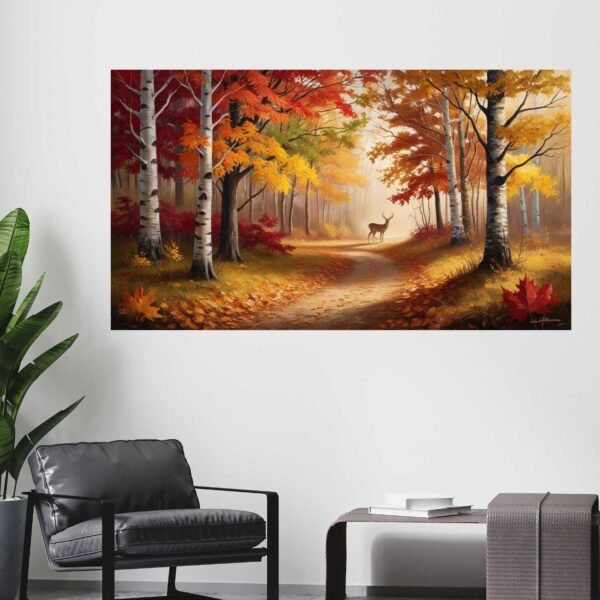 Happie Vibes autumn forest canvas print with golden deer path