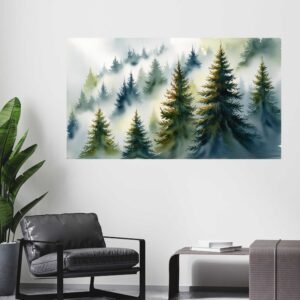 Misty forest watercolor painting – Happie Vibes nature wall art