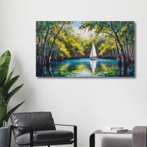 mangrove forest sailboat painting with golden light by Happie Vibes