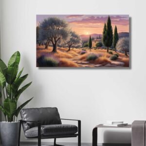 Golden Mediterranean landscape wall art – Happie Vibes canvas print for warm home decor