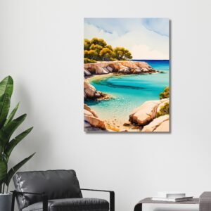 Happie Vibes watercolor coastal painting of turquoise sea and rocky cliffs wall decor