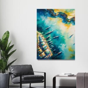 Happie Vibes harbor city canvas print with boats and glowing sea