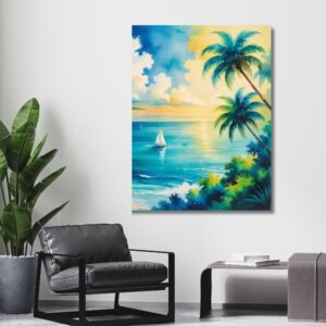 Happie Vibes tropical beach canvas print with palm trees and glowing sea