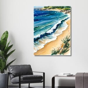 Happie Vibes watercolor beach painting of waves and golden shore wall decor